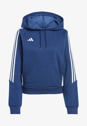 Dunkelblauer Kapuzenpullover mit weißen Drei-Streifen-Akzenten an den Ärmeln, einer vorderen Kängurutasche und einer Kordelzugkapuze. Hergestellt aus weichem Stoff.