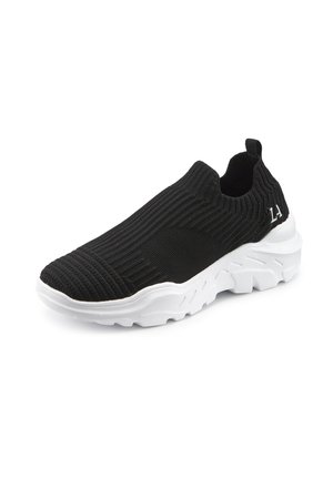Black slip-on knitted athletic shoe with white chunky sole and pull tab at heel, featuring "LA" text on side.