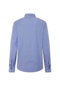 Camisa de manga larga a rayas azul y blanca. Presenta un cuello clásico, cierres de botones y dobladillo curvado. Tejido de algodón con una textura suave.