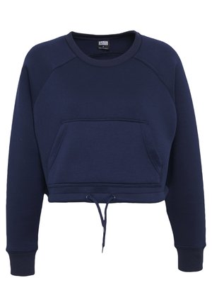 Sweatshirt cropped em tons de azul-marinho, confeccionado em tecido suave, com mangas raglan, um bolso frontal e um cordão na bainha. Apresenta punhos canelados.