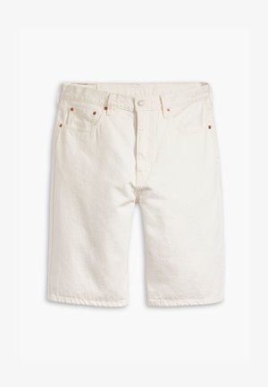 Baltie džinsi šorti ar taisnu piegriezumu, piecu kabatu dizainu, vara kniedēm un izšūtu apakšmalu. Audums ir mīksts un ar vieglu tekstūru.