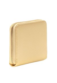 Gelbe strukturierte Geldbörse mit Reißverschluss rundum, rechteckige Form und glatte Kanten. Hergestellt aus strapazierfähigem synthetischem Material.