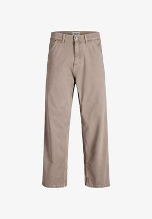 Svetainės spalvos medvilninės kelnės su tiesiu sijonu, užtrauktuku ir priekinėmis kišenėmis. Lygus paviršius su matomais siuvimo detalėmis.