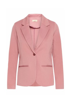 Roze blazer van gestructureerde stof, met een enkele knoopsluiting, notch-lapels en twee voork乌 pockets met contrasterende randaccenten.