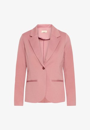 Roosa bleiser tekstuuriga kangast, millel on ühe nööbi kinnitamine, sakilised kraed ja kaks eesmist taskut kontrastsete ääristega.