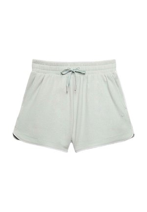 Lysegrå frottéshorts med elastisk talje, snøre, sidelommer og afrundet kant med hvid kant.