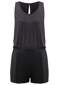 Combinaison noire sans manches avec taille élastique, encolure ronde et petite ouverture boutonnée au dos, en tissu doux.