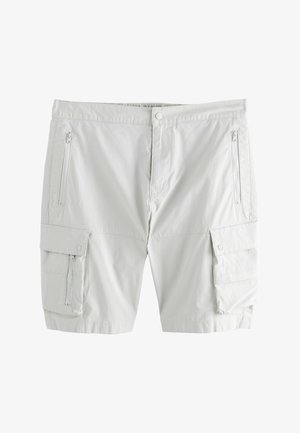Lichtgrijze cargoshorts van lichtgewicht stof, met meerdere ritssluitingzakken en een losse pasvorm, met een knoopsluiting.