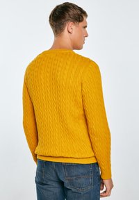 Maglione giallo a trecce con scollo rotondo e polsini a coste, indossato con jeans blu, che mette in mostra un design testurizzato e a fantasia.
