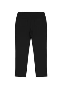 Schwarze Leggings mit glatter Textur, ausgestattet mit einem breiten Bund und zwei Gesäßtaschen. Auffällige Nahtdetails entlang der Nähte.