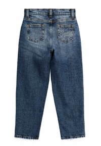 Džínové nohavice v středně modrém praní, s rovnými nohavicemi, pěti kapsami a roztrhaným lemem. Zadní kapsy s vyšitým logem značky.