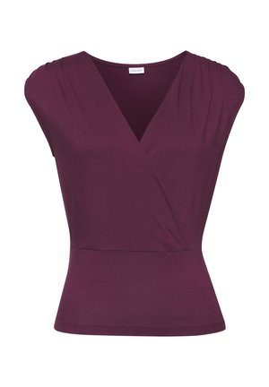 Bordeaux stretchstof top met een diepe V-hals en korte mouwen. Voorzien van gerimpelde schouderpassen en een getailleerde taille voor een nauwsluitend silhouet.