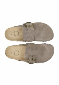 Sabots en daim gris clair avec un bout arrondi, une boucle réglable sur la sangle supérieure et une semelle intérieure beige douce. Design à semelle plate.