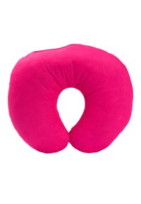 Cuscino per il collo di un vivace colore rosa, design a forma di U, realizzato in un tessuto morbido e peloso con una superficie liscia; compatto e portatile per l'uso durante i viaggi.