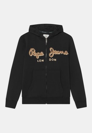 Czarna bluza z kapturem na zamek, wykonana z miękkiego materiału, z przednią kieszenią typu kangur. Na piersi wyhaftowane jasnobrązowym kolorem "Pepe Jeans London".