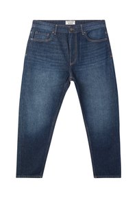 Jeans blu scuro con una texture liscia, taglio dritto, cuciture a contrasto, cinque tasche e chiusura con bottone.