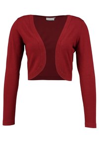 Röd kort cardigan med långa ärmar, djup V-ringning, tillverkad av mjukt stickat material; slät textur och enkel design utan mönster.