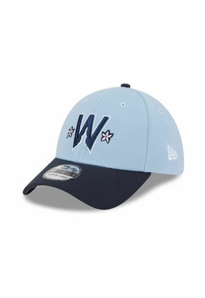 Light blue and navy baseball cap with a large navy "W" and two white flowers on the front, with a curved brim and a size sticker.