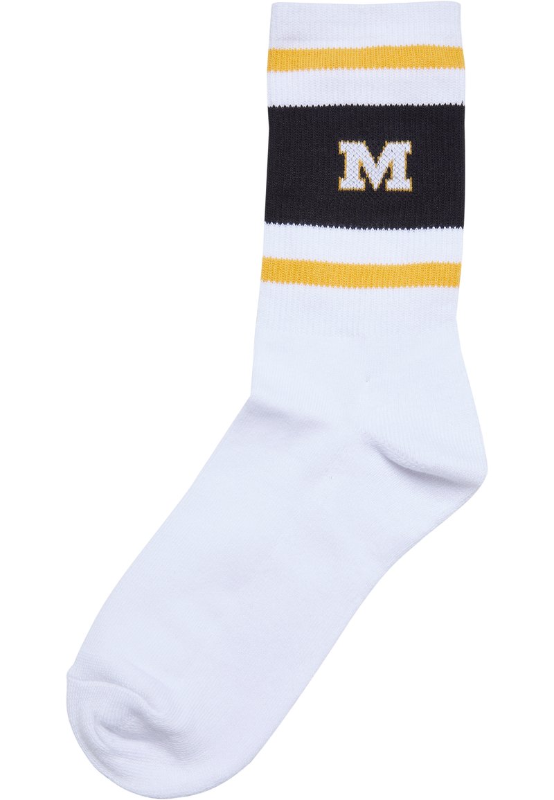 Knee-length white socks with black and yellow stripes and a central yellow "M" logo on the black band. Cotton blend with ribbed texture.