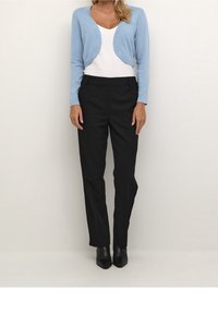 Ljusblå stickad cardigan över en vit topp, kombinerad med svarta skräddarsydda byxor och svarta högklackade skor med spetsiga tår. Enkelt mönster, åtsittande silhuett.