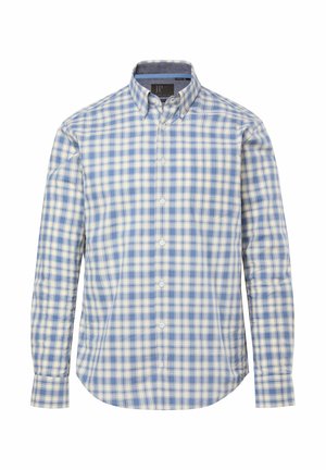 Skjorte med knapper foran, med blå og cremefarvet ternet mønster, lange ærmer og krave. Fremstillet i letvægtsstof med en brystlomme.