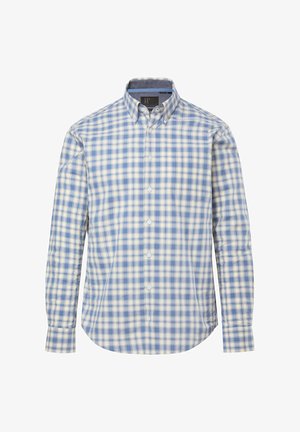 Hemd mit Knopfleiste in einem blau-cremefarbenen Karomuster, langen Ärmeln und Kragen. Aus leichtem Stoff gefertigt, mit einer Brusttasche versehen.
