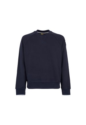 Felpa blu navy realizzata in tessuto morbido, con polsini e orlo a costine, scollo rotondo con dettagli di cucitura a vista e una vestibilità comoda.