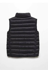 Schwarze gepolsterte Weste mit hohem Kragen, die über horizontale gesteppte Abschnitte und eine glatte, glänzende Oberfläche verfügt. Keine sichtbaren Beschläge oder Taschen.
