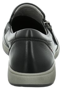 Czarna skórzana półbut z gładką teksturą, zaokrąglonym tyłem i szarym gumowym spodem. Posiada mały zamek błyskawiczny dla łatwego zakupu.