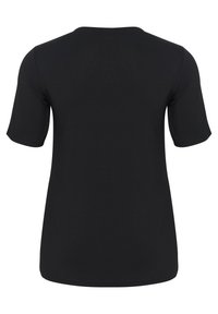 Camiseta negra de manga corta, hecha de un tejido suave, con un escote redondo y un dobladillo recto sin ningún tipo de adornos ni patrones.