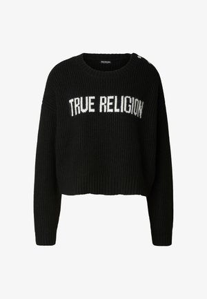 Melnā saīsinātā džemperis no ribaina trikotāžas auduma, ar baltu "TRUE RELIGION" uzrakstu priekšpusē un dekoratīvām pogu detaļām uz pleca.