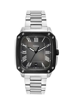 Quadratische schwarze Armbanduhr mit silbernen römischen Ziffern, Datumsfenster um 6 Uhr und silbernem Metallarmband von Fossil.