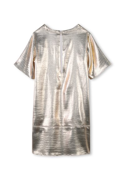 Metallic silver short-sleeve dress with a round neckline and a back zipper closure, featuring a smooth, textured finish.
