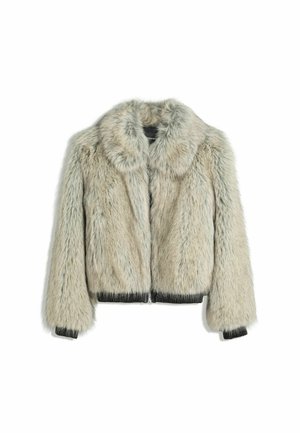 Short fur jacket in light gray with a soft texture. Features a rounded collar and ribbed cuffs, combining modern design with warmth.