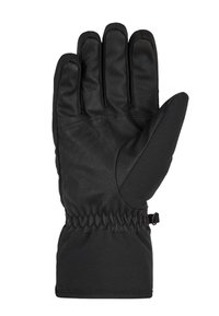 Guanto invernale nero a cinque dita, realizzato in tessuto e pelle, con arricciatura elastica al polso per una vestibilità aderente e una migliore ritenzione del calore.