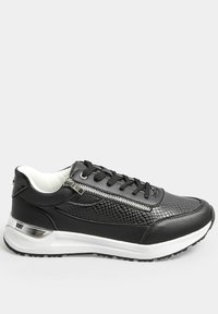 Black sneakers with a textured design, featuring a silver zipper detail and a white sole. Made of synthetic material with a round toe.