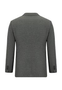 Blazer gris hecho de tela texturizada, con cuello de solapa, hombros estructurados y puños con botones. Diseño simple y entallado.