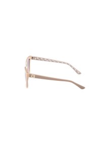 Ochelari de soare bej deschis cu ramă pătrată. Temelurile au un interior cu un model maro și un accent cu logo auriu pe lateral.