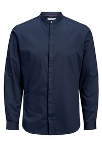 Camicia button-up blu navy con colletto alto, maniche lunghe e una texture liscia. Presenta una chiusura con bottoni nascosta per un aspetto pulito.