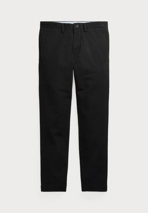 Black cotton chinos with a straight leg design, button closure, and belt loops. Smooth texture with no visible patterns or accents.