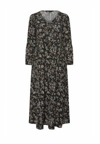Vestito lungo nero con scollatura a V, caratterizzato da un motivo floreale bianco e marrone. Realizzato in tessuto leggero con maniche lunghe.