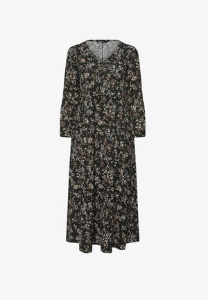 Lang zwarte jurk met een V-hals, voorzien van een bloemenpatroon in wit en bruin. Gemaakt van lichtgewicht stof met lange mouwen.