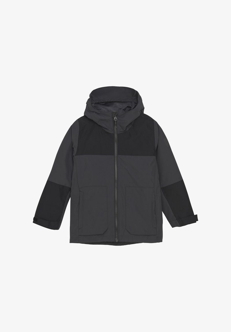 Mørkegrå ytterjakke med hette, glidelås, sidelommer og kontrasterende paneler i forskjellige gråtoner.