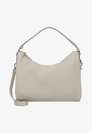 Borsa a mano in pelle beige con una silhouette curva, manico superiore e tracolla rimovibile. Presenta una finitura testurizzata e una chiusura con zip.