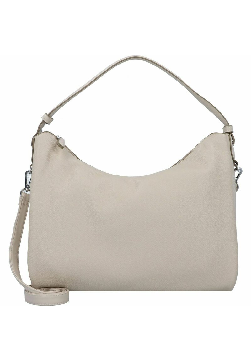 Beige leren handtas met een gebogen silhouet, een bovenhandvat en een afneembare schouderriem. Heeft een gestructureerde afwerking en een ritssluiting.
