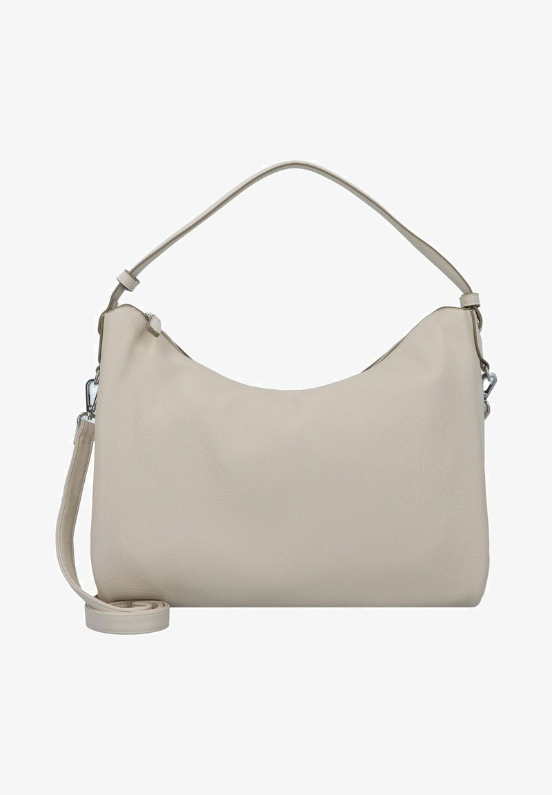 Beige leren handtas met een gebogen silhouet, een bovenhandvat en een afneembare schouderriem. Heeft een gestructureerde afwerking en een ritssluiting.