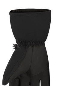 Guanti neri con una vestibilità aderente, foderati internamente in modo morbido, polsino elastico e chiusura a coulisse per una maggiore sicurezza. Texture del tessuto esterno liscia.