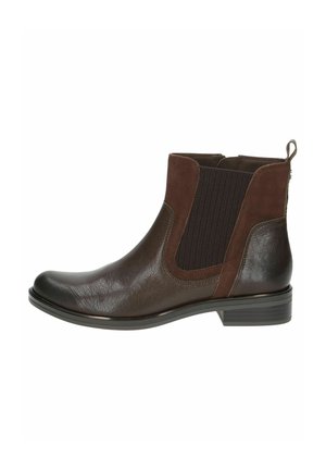 Brown leather ankle boot with elastic side panels, round toe, textured finish, and a small stacked heel. Features a pull tab at the back.