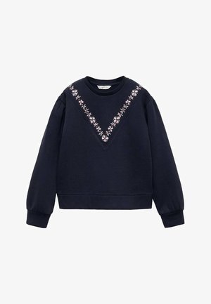 Marineblå sweatshirt med lange ærmer og pink blomsterbroderi, der danner en V-form over bryst og skuldre.
