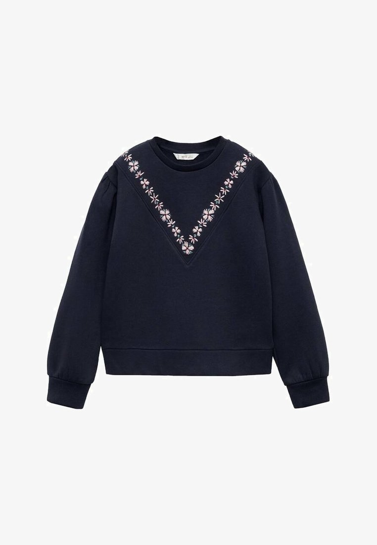 Sweat-shirt bleu marine à manches longues avec broderie florale rose formant un V sur la poitrine et les épaules.